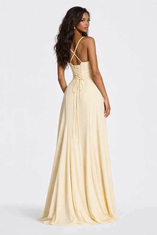 NEMA DRESS — Corset-Back Maxi with Soft Drape