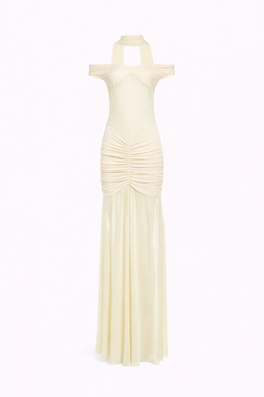 THE ELISE GOWN — Ruched Off-Shoulder Mesh Maxi with Thigh Split