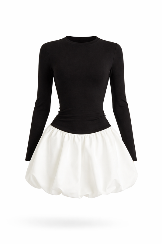 JULIETTE DRESS — Colorblock Long-Sleeve Mini with Bubble Skirt