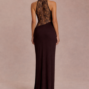 THE DIANA GOWN — Lace-Inset Halter Maxi with Draped Cowl Dress