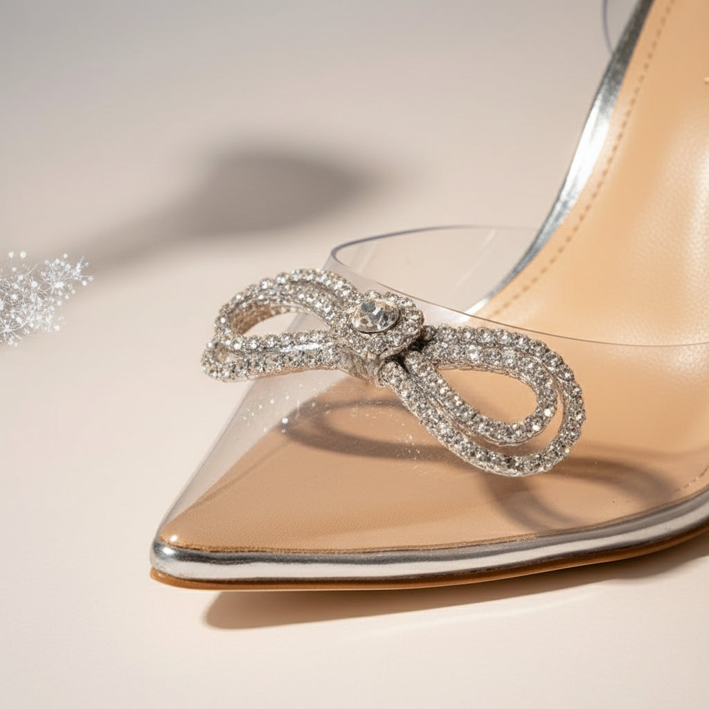 Diana Bow Embellished Clear Stiletto Mules
