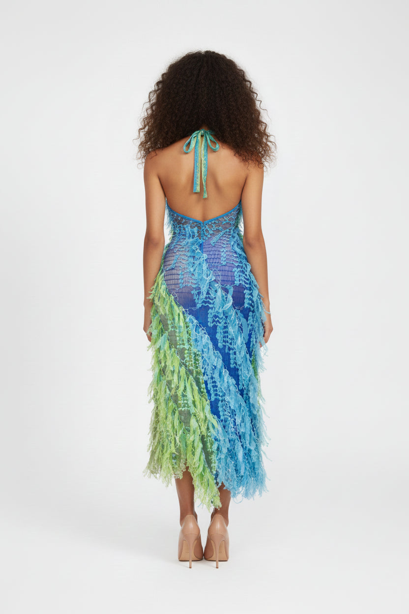 Cascade Sequin Fringe Halter Dress