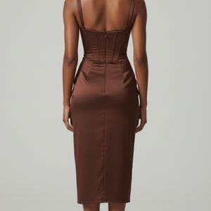 The “Milan” Mocha Satin Midi Dress