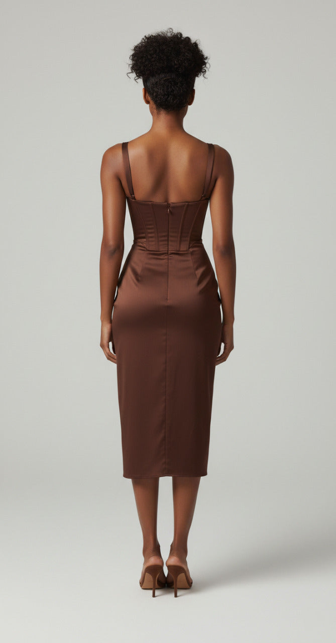 The “Milan” Mocha Satin Midi Dress