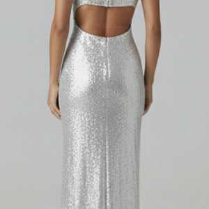 Montero Gown – Silbernes Pailletten-Halter-Maxikleid