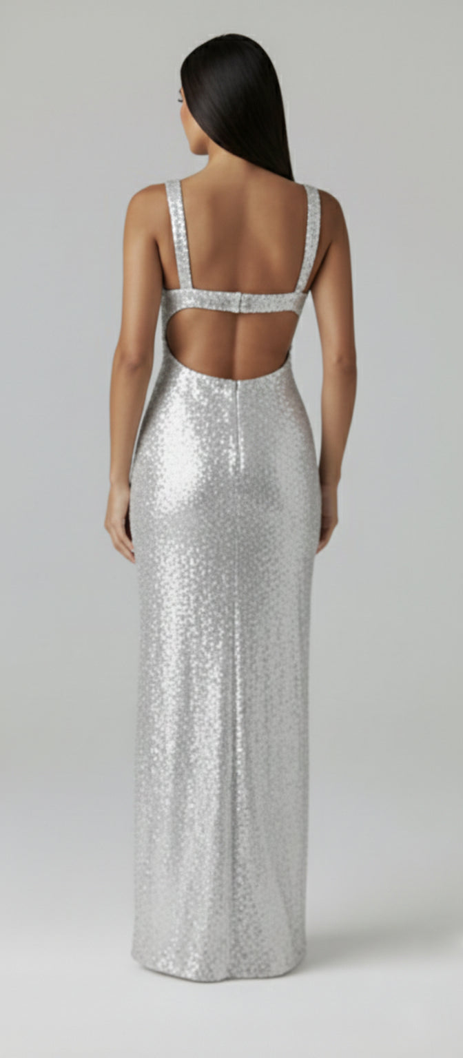 Montero Gown – Silbernes Pailletten-Halter-Maxikleid