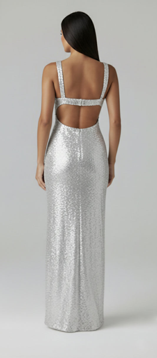 Montero Gown – Silbernes Pailletten-Halter-Maxikleid