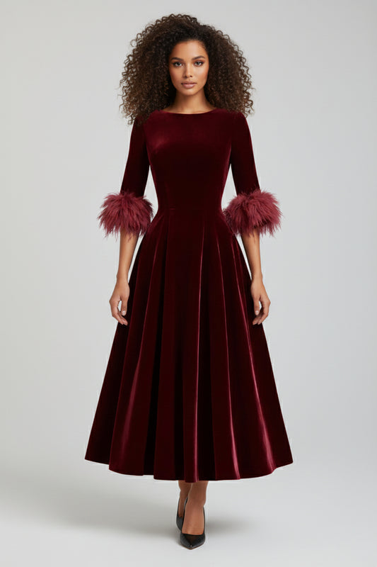 Rosalie Velvet Feather-Cuff Midi Dress