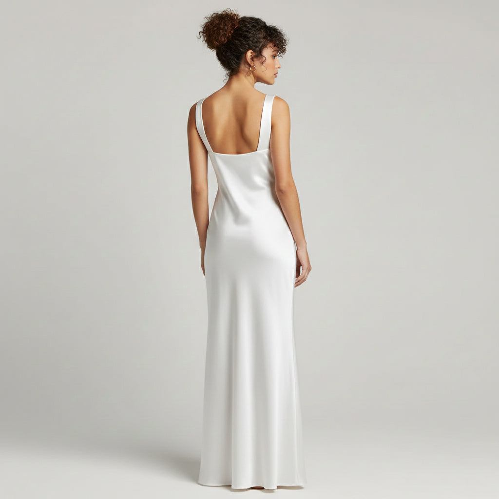 THE CATALINA SATIN MAXI — White Sleeveless Mid-Waist Dress