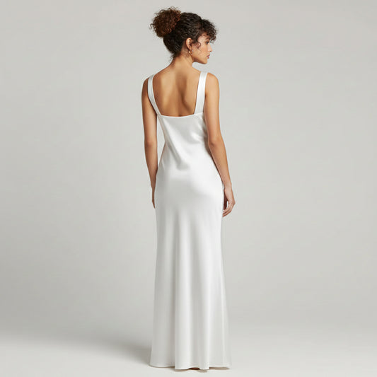 THE CATALINA SATIN MAXI — White Sleeveless Mid-Waist Dress