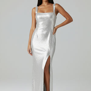 Montero Gown – Silbernes Pailletten-Halter-Maxikleid