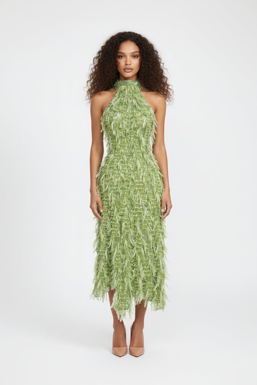 Cascade Sequin Fringe Halter Dress