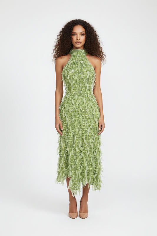 Cascade Sequin Fringe Halter Dress