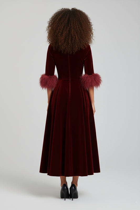 Rosalie Velvet Feather-Cuff Midi Dress