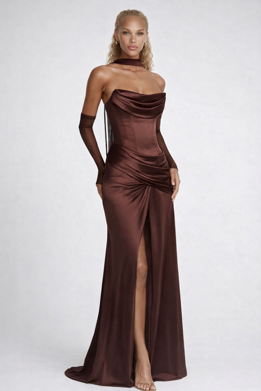 THE GENEVIEVE GOWN — Corset Cowl-Neck Maxi with Detachable Drape