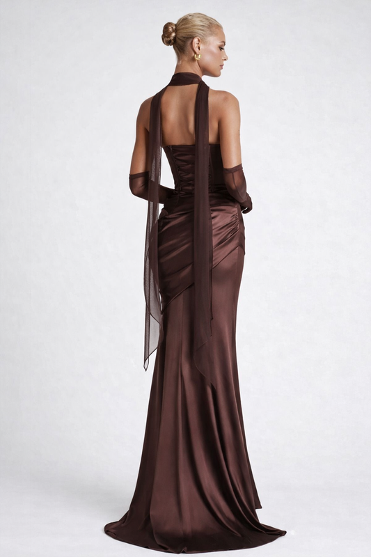 THE GENEVIEVE GOWN — Corset Cowl-Neck Maxi with Detachable Drape