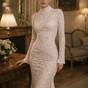 ELOISE DRESS — High-Neck Lace Midi with Ruffle Hem