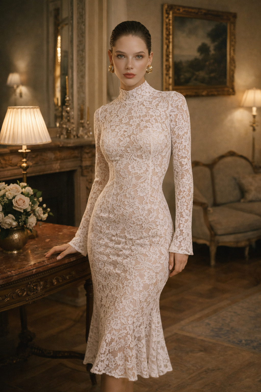 ELOISE DRESS — High-Neck Lace Midi with Ruffle Hem