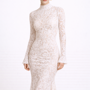 ELOISE DRESS — High-Neck Lace Midi with Ruffle Hem