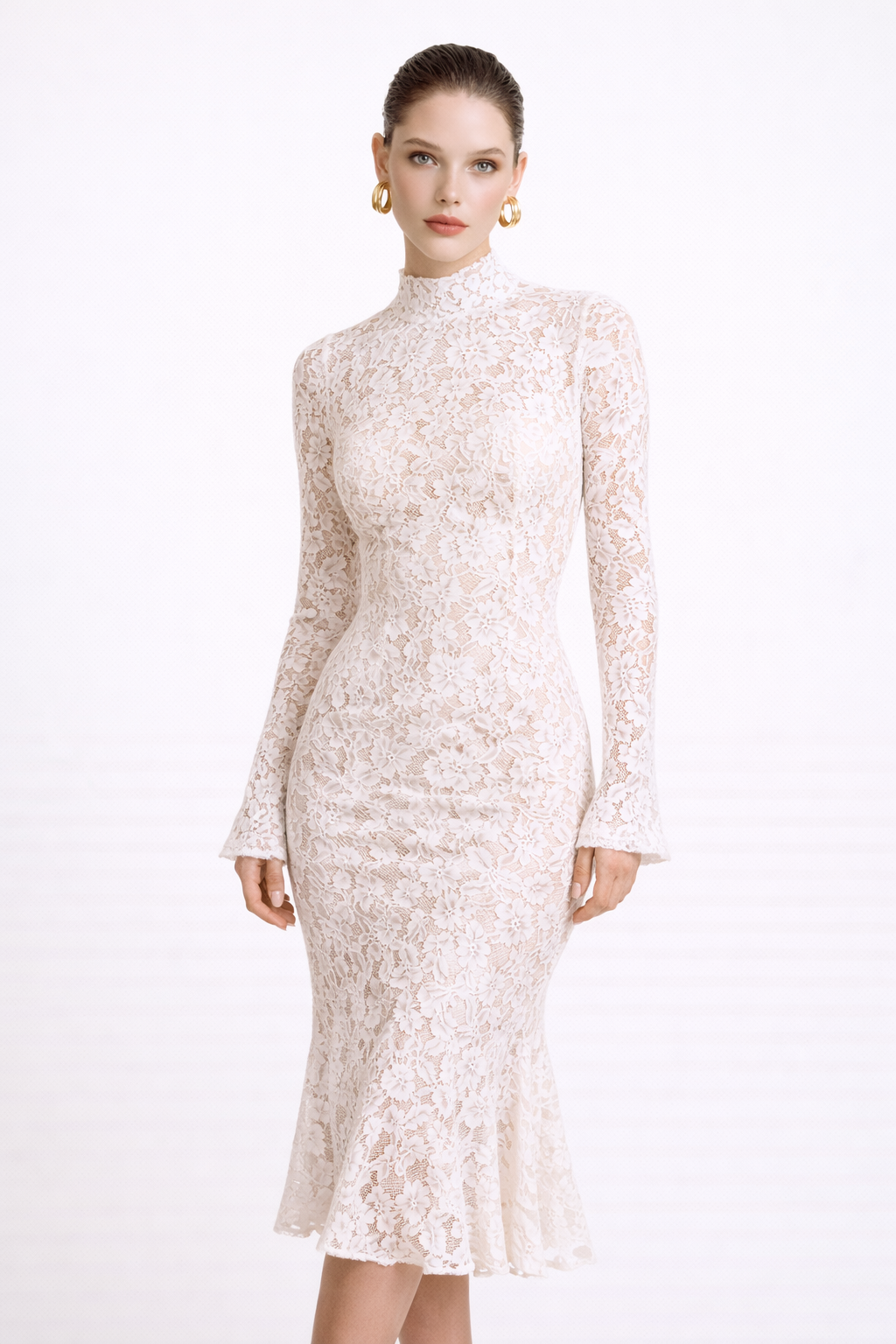 ELOISE DRESS — High-Neck Lace Midi with Ruffle Hem