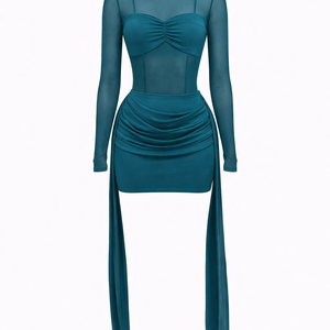 NOIR DRESS — Sheer Mesh Long Sleeve Ruched Mini Dress