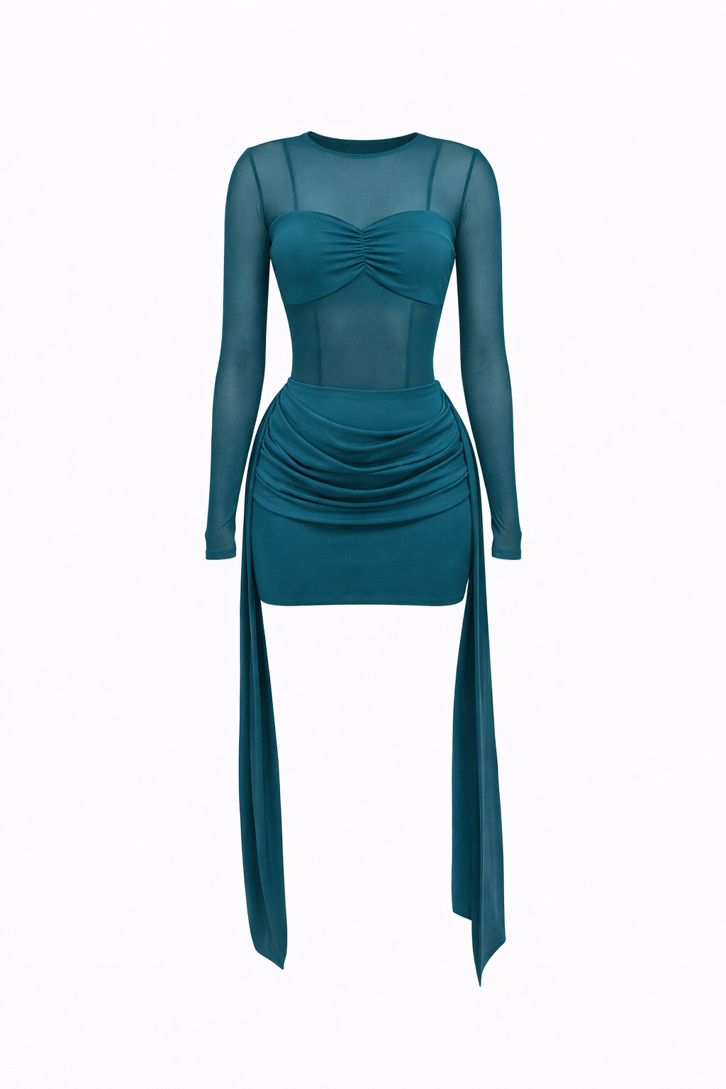 NOIR DRESS — Sheer Mesh Long Sleeve Ruched Mini Dress