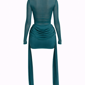 NOIR DRESS — Sheer Mesh Long Sleeve Ruched Mini Dress