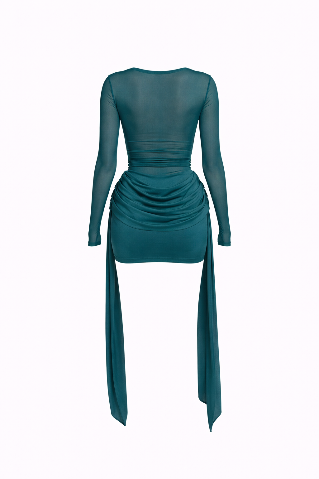 NOIR DRESS — Sheer Mesh Long Sleeve Ruched Mini Dress