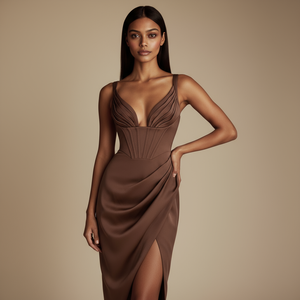 The “Milan” Mocha Satin Midi Dress