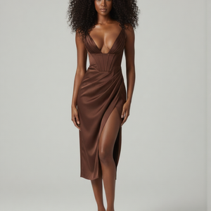 The “Milan” Mocha Satin Midi Dress