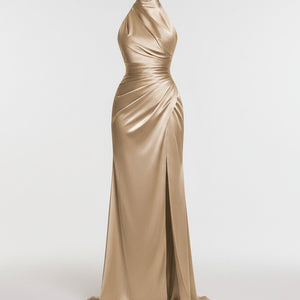 SERAPHINE HALTER GOWN — High-Neck Satin Slit Dress