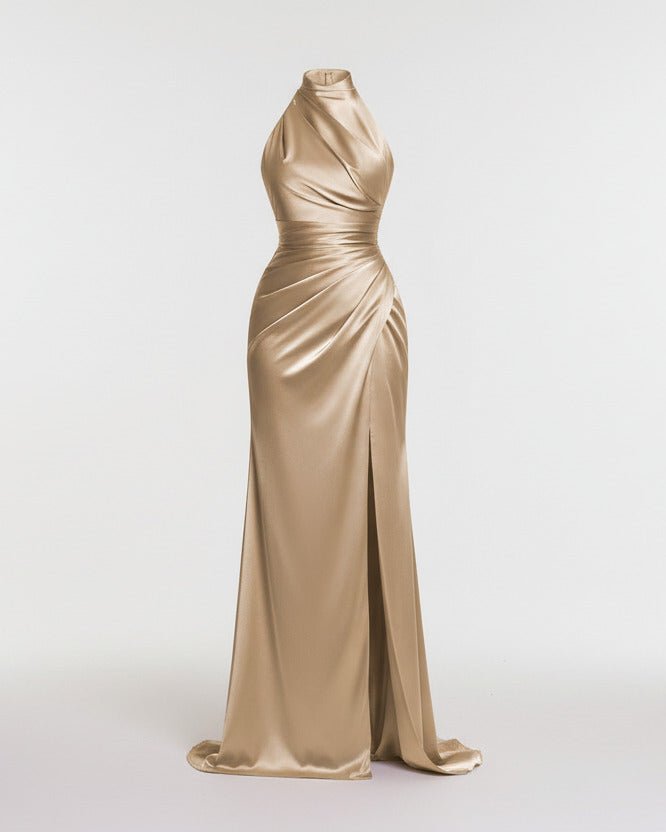 SERAPHINE HALTER GOWN — High-Neck Satin Slit Dress