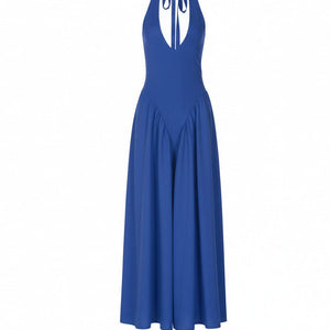 RIVIERA SWING DRESS — Plunging Halter Midi with Full Skirt