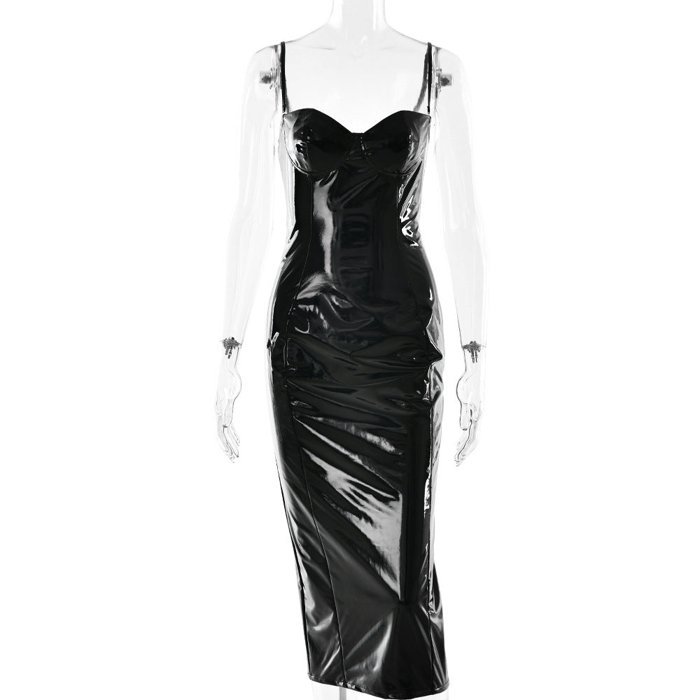 Dominique Patent Leather Bustier Midi Dress