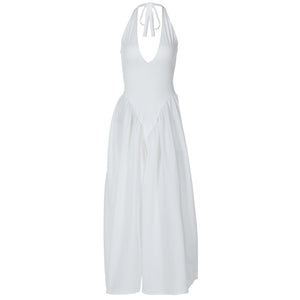 RIVIERA SWING DRESS — Plunging Halter Midi with Full Skirt