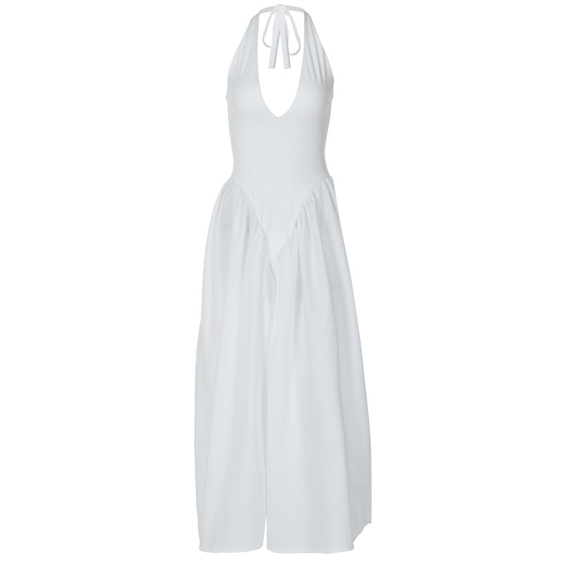 RIVIERA SWING DRESS — Plunging Halter Midi with Full Skirt