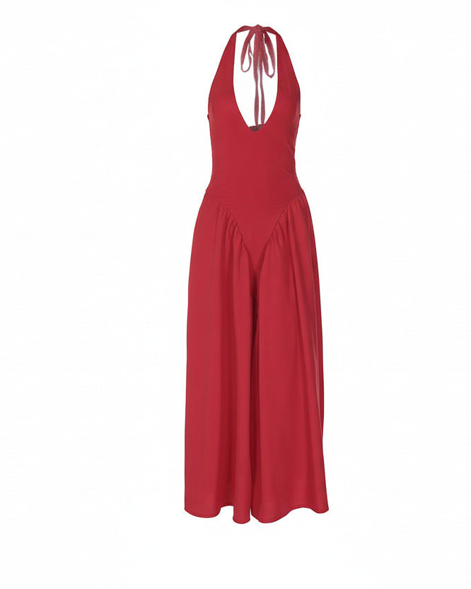 RIVIERA SWING DRESS — Plunging Halter Midi with Full Skirt
