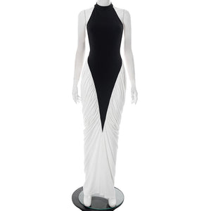 HARLOW DRESS — Halter Open-Back Contrast Maxi