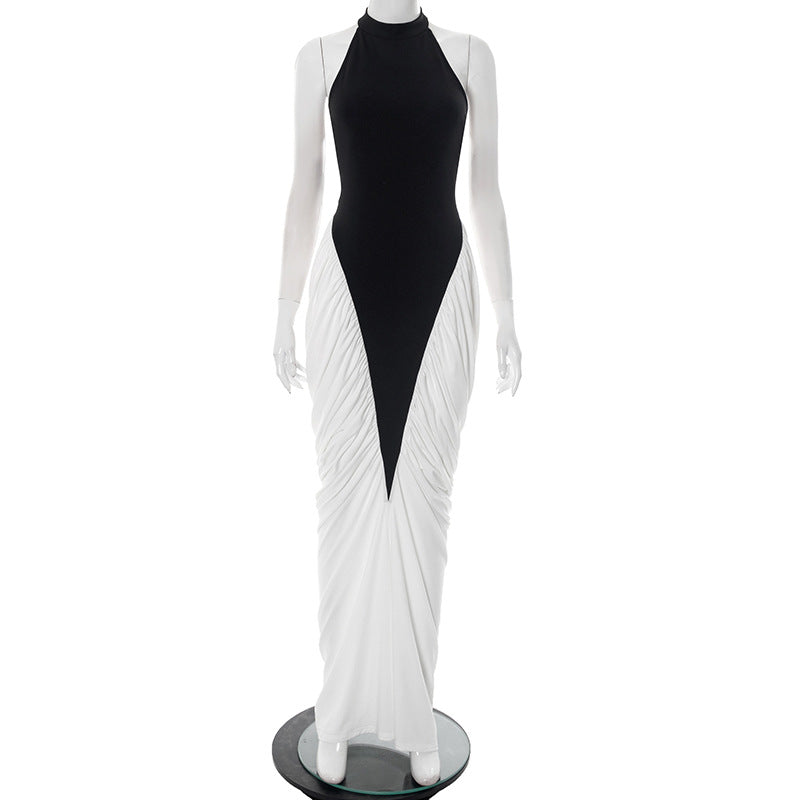HARLOW DRESS — Halter Open-Back Contrast Maxi