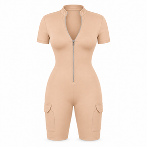 The Contour Zip Utility Playsuit in apricot, front view