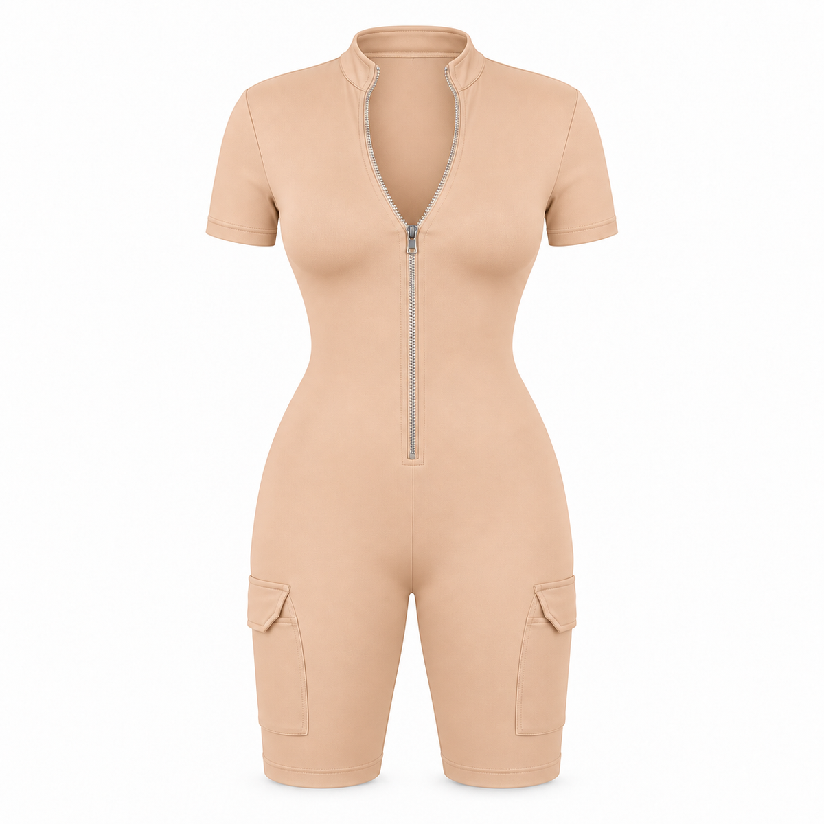 The Contour Zip Utility Playsuit in apricot, front view