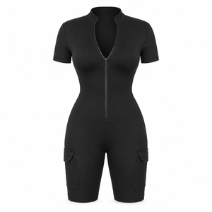 The Contour Zip Utility Playsuit in black, front view