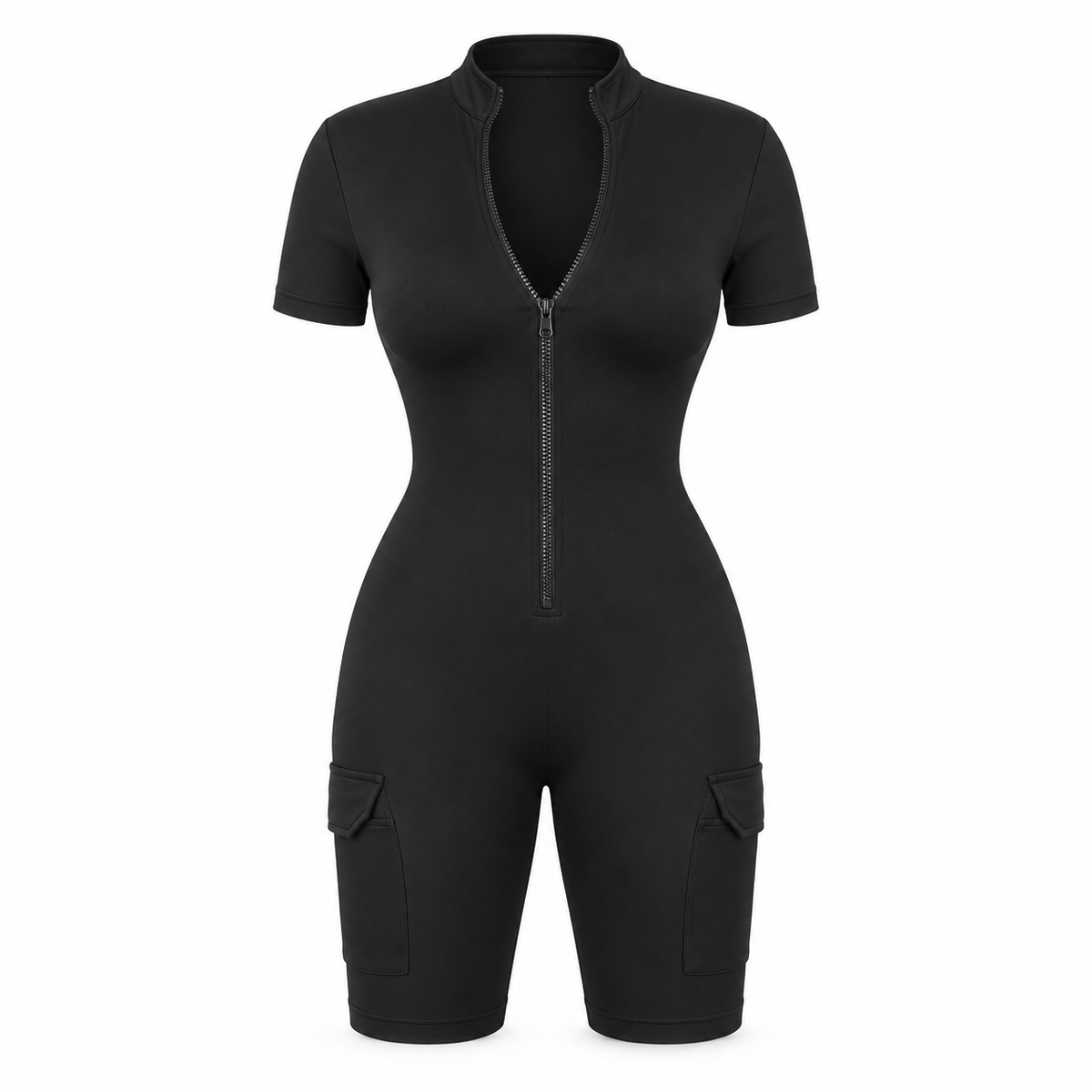 The Contour Zip Utility Playsuit in black, front view