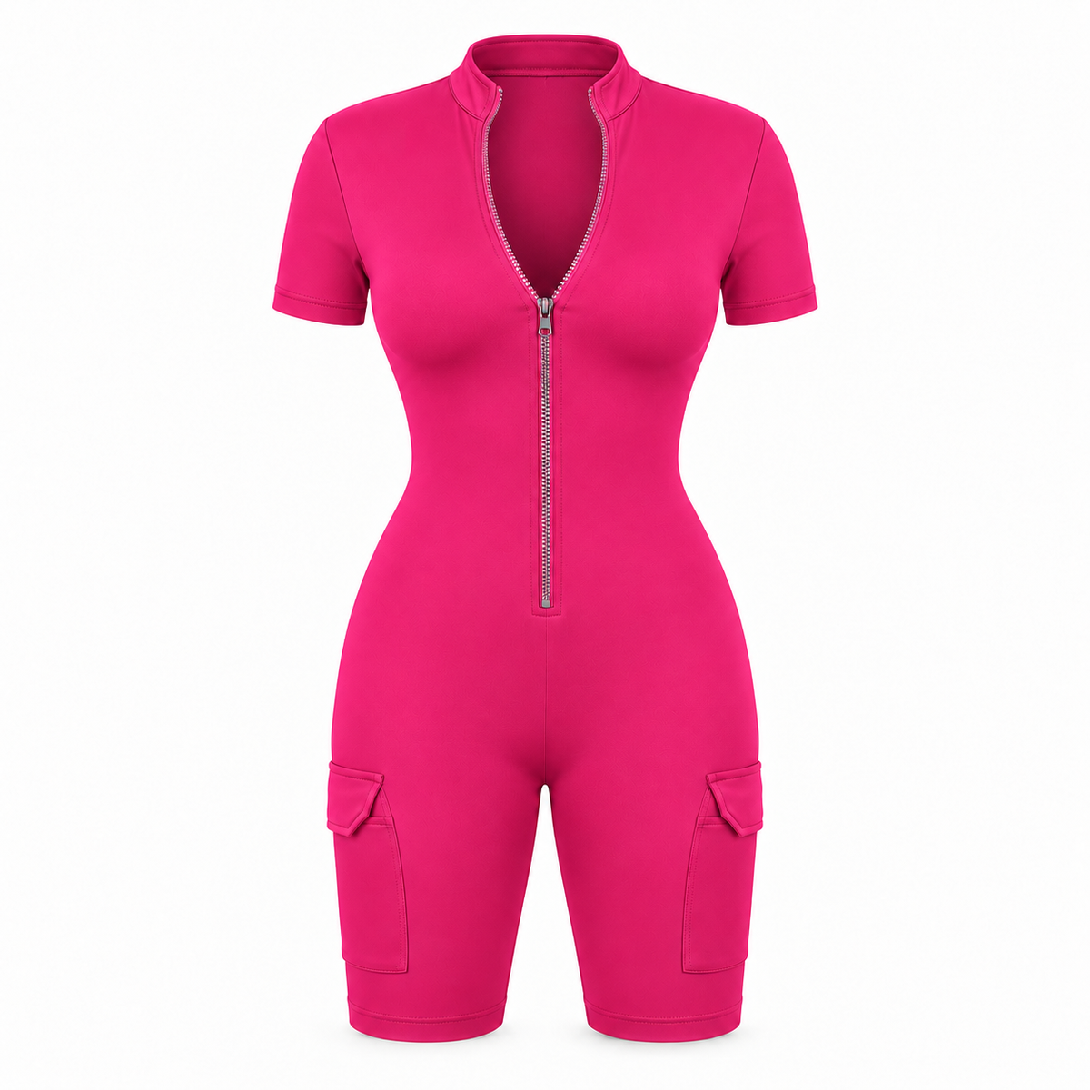 The Contour Zip Utility Playsuit in fuchsia, front view