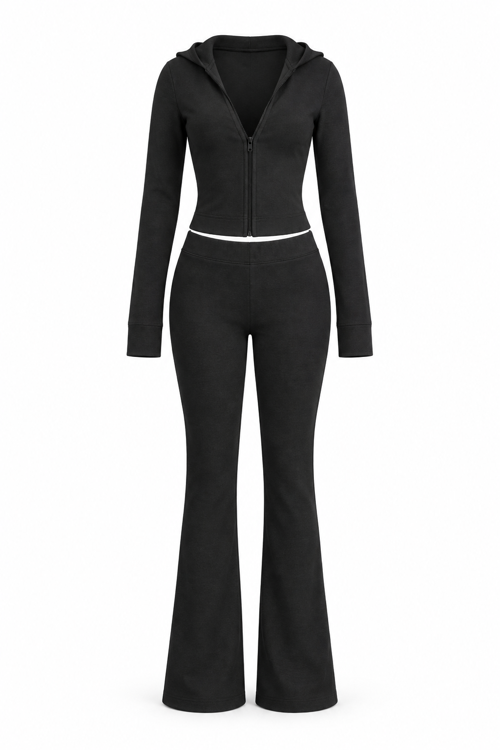 The Sculpt Hooded Flare Set in black, front view