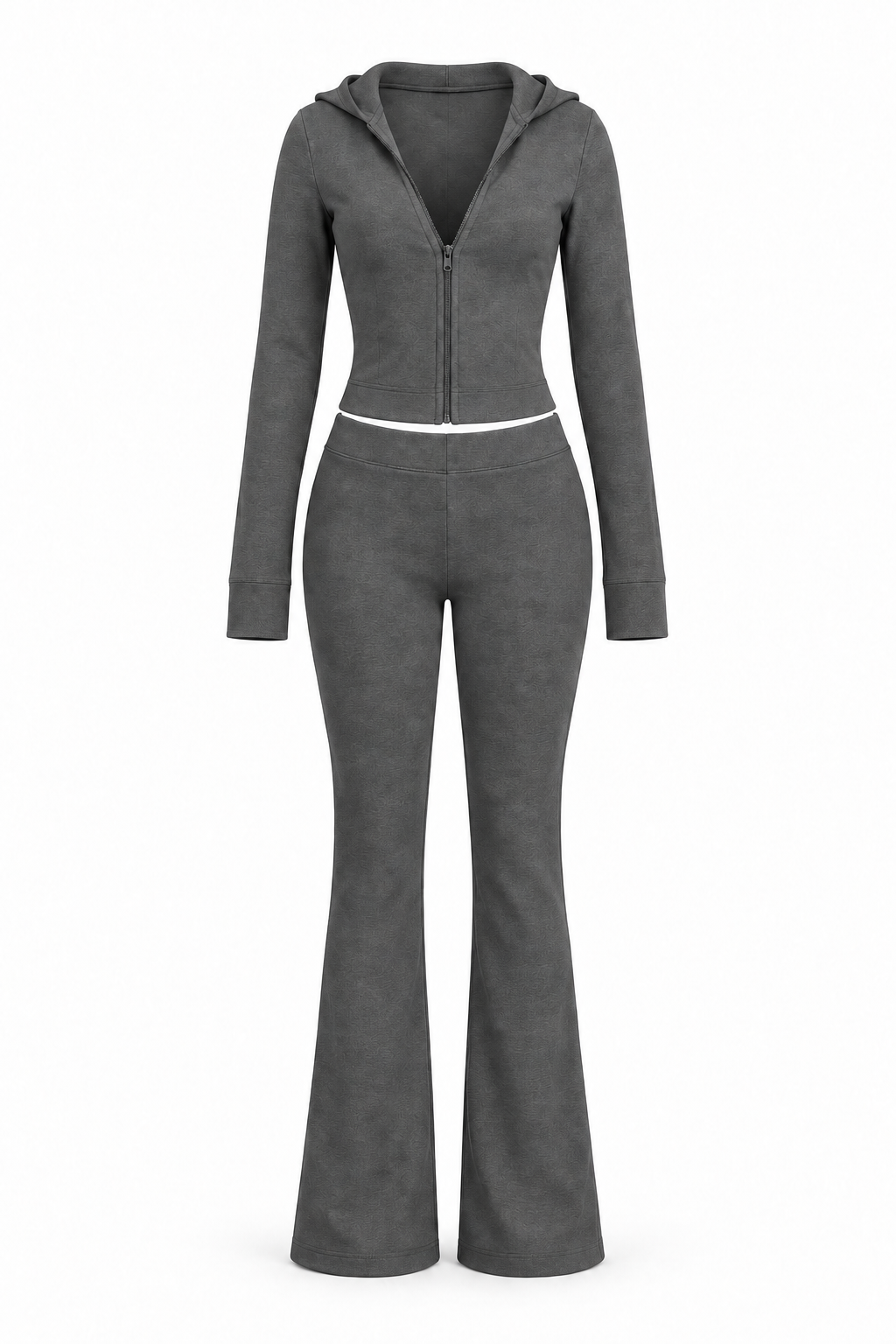 The Sculpt Hooded Flare Set in grey, front view