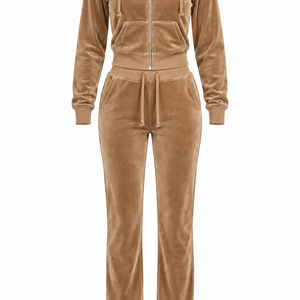 The Icon Velour Hooded Set in caramel