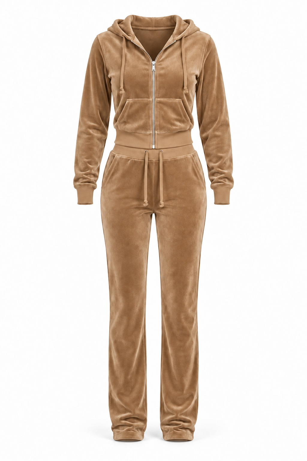 The Icon Velour Hooded Set in caramel