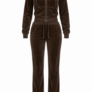 The Icon Velour Hooded Set in chocolate