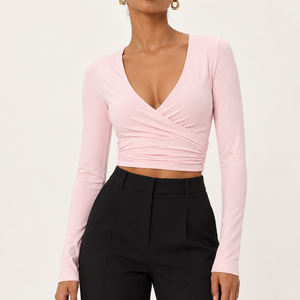 Ruched Wrap Top — Pink front model